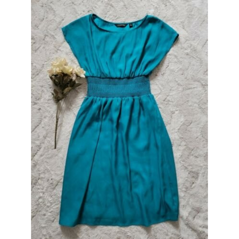 ✨CL CV By‎ Cynthia Vincent Blue Thick Banded Waist Spanish Flare Short Sleeve Sm